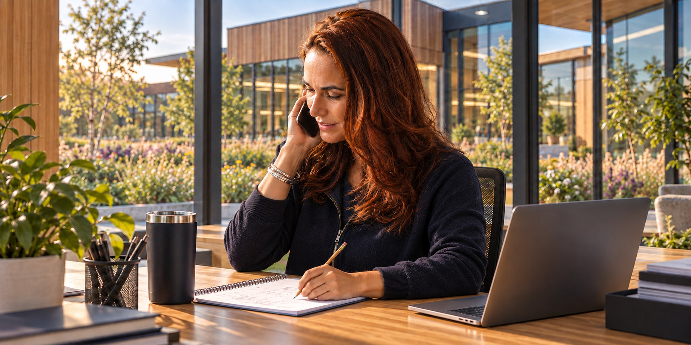 PMA colleague taking a client call and making notes