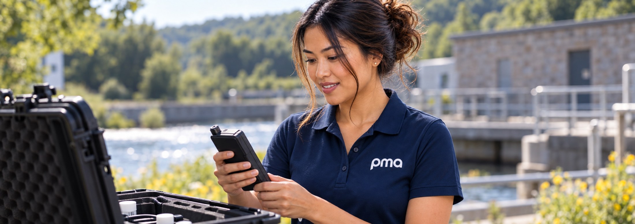 PMA engineer checking a handheld instrument beside riverworks