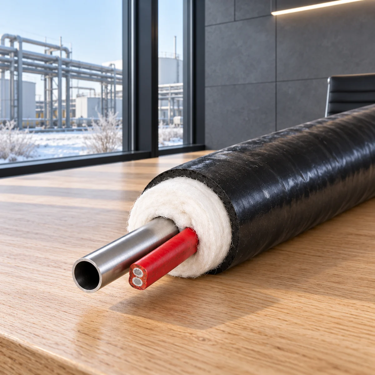 Illustrative electrically traced tubing sample with its process tube, insulation and red heater beside a winter process-site setting