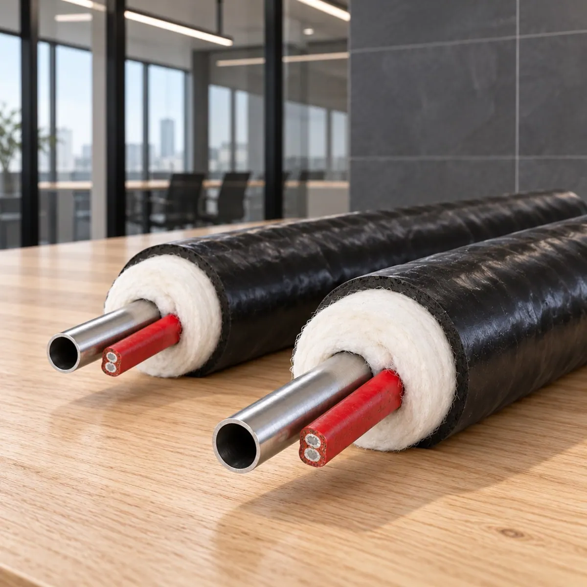 Illustrative electrically traced tubing bundle showing its tube, insulation and outer jacket